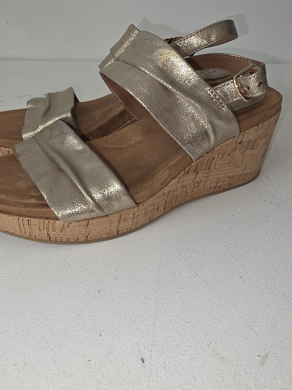 Women’s Metallic Gold Cork Wedge Sandals with Adjustable Buckle